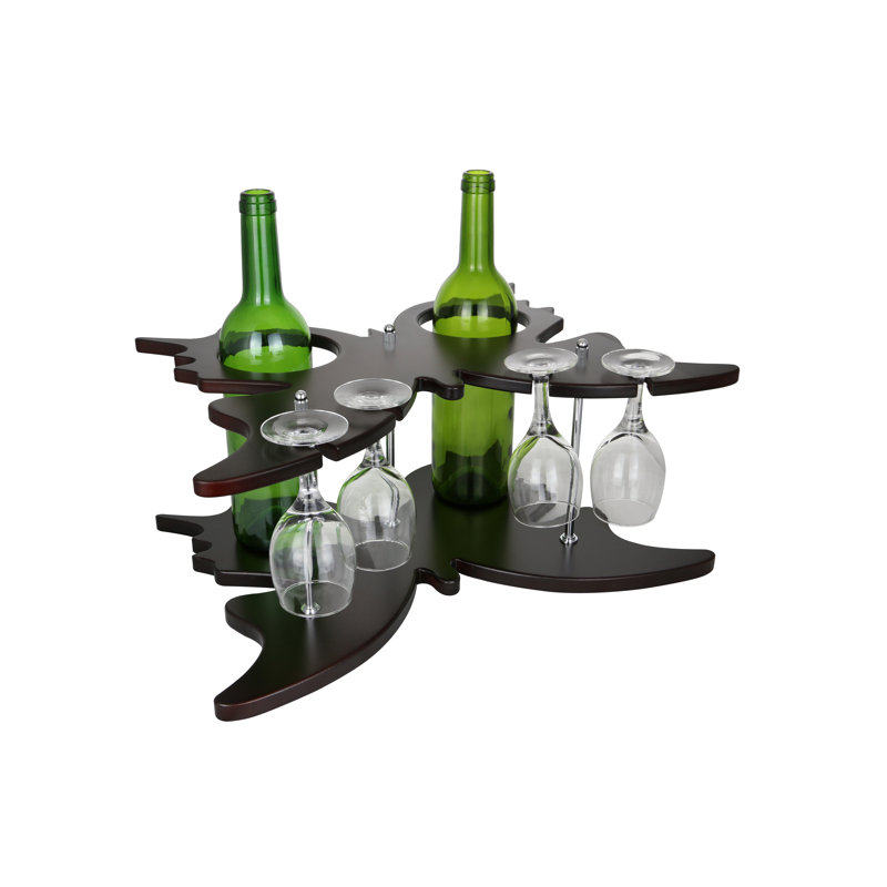 2 Bottle Tabletop Wine Bottle & Glass Rack in Brown