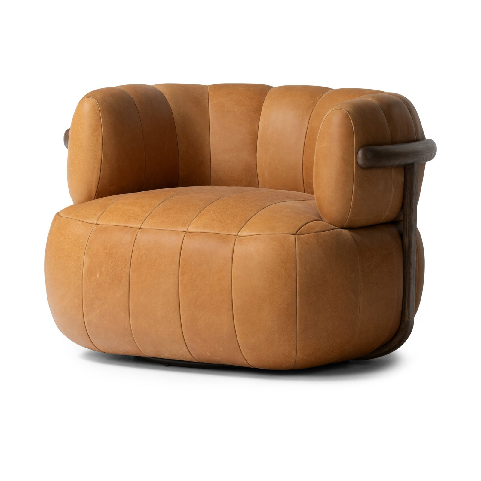 Gian Oak Genuine Leather Swivel Barrel Chair, Palermo Cognac Top Grain Leather