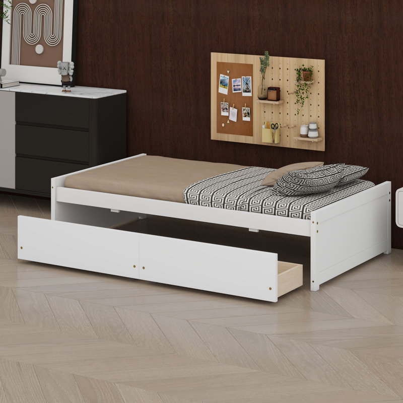 Space-Saving Platform Bed With Integrated Storage Drawers, White