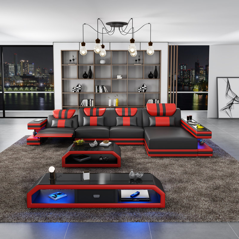 Lightspeed Sectional, Right Hand Facing, Black/Red Genuine Leather