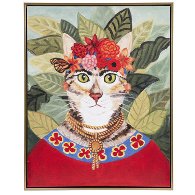 Enchanting Bohemian Cat Wall Decoration, 16.5"W X 20.5"H, Golden Frame, Forest Background, Study Room Art With Setting, Colorful Floral , Home