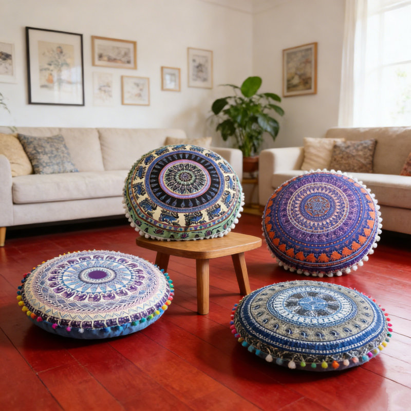 Set Of 4 Mandala Printed Pillowcase 17" X 17" Polyester Fiber Pillow Case With Tassels Ball Cushion Cover, A2