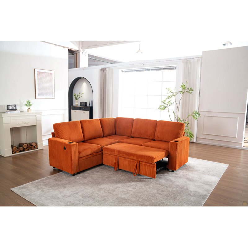 Sectional Sleeper Sofa With Pull Out Bed, Modular Corner Sofa With Storage, Sectional Couches, Orange
