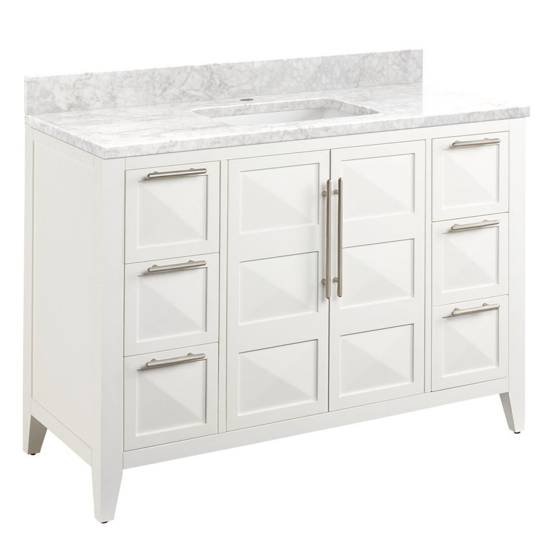 48" Bright White Mahogany Vanity with Carrara Marble Top