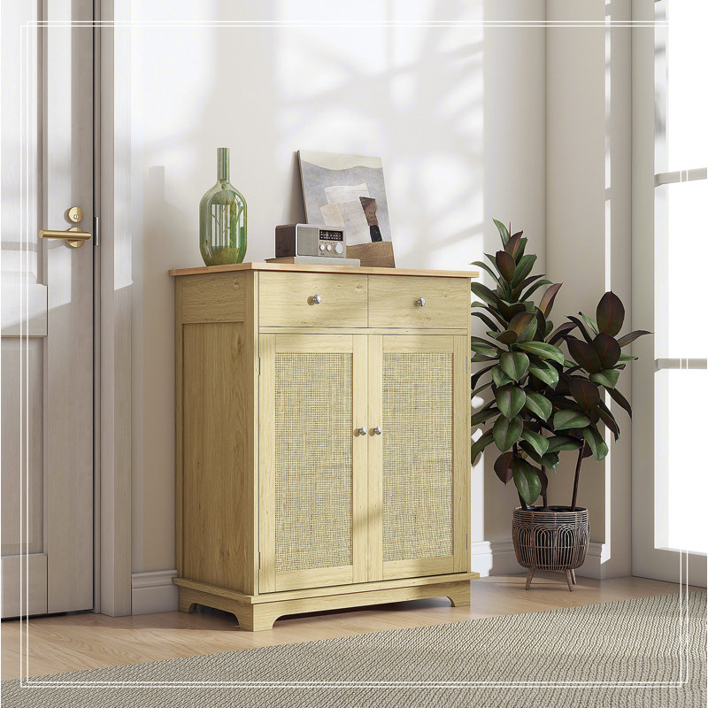 Natural Oak and Rattan Sideboard with Solid Wood Countertop