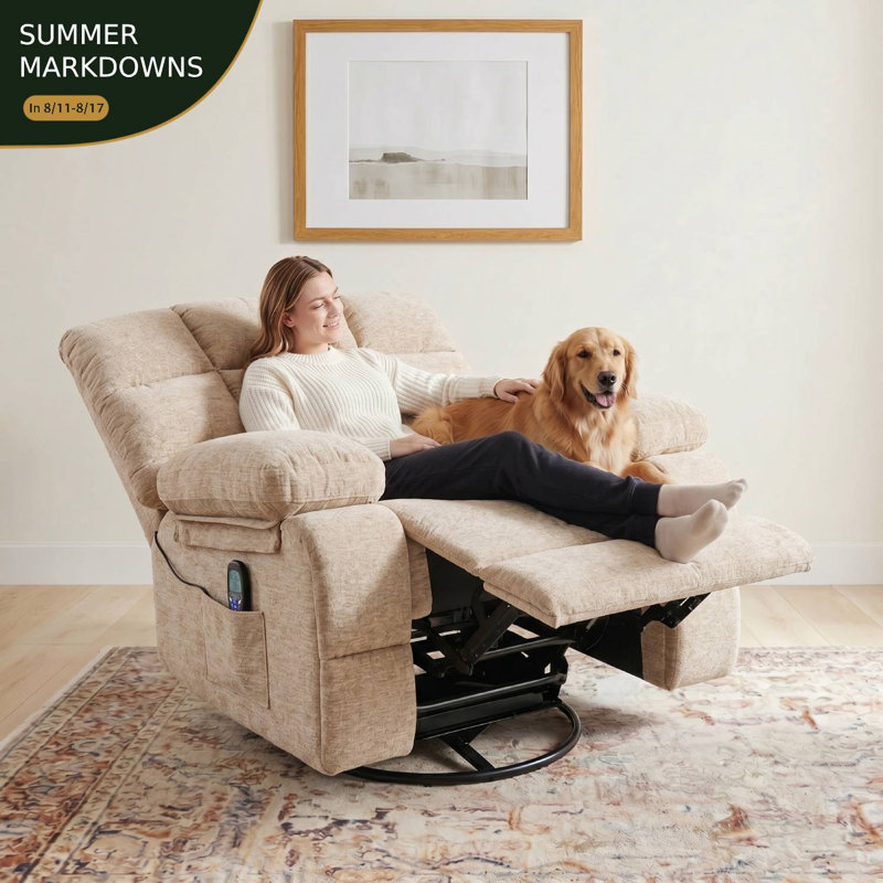 Oversized Massage Recliner Chair with Heating, Swivel Glider Rocker Chair, Beige