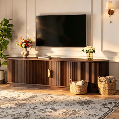 66.9‘’ Fluted TV Stand With Sliding Wood Slatted Doors For Tvs Up To 75" Wood Grain Media Console