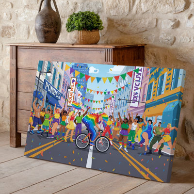 Art mural sur toile, une scène de rue vibrante et vivante célébrant la diversité et la fierté avec une parade dynamique dans un cadre urbain