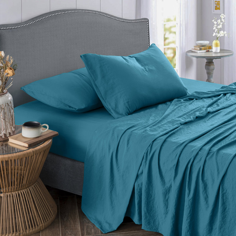 Hanaa Super Soft Crinkled 4 Piece Bed Sheet Set, Full, Teal