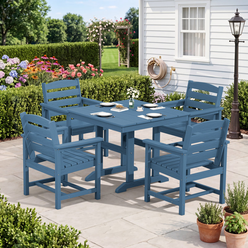 5-Piece Outdoor HDPE Dining Set, Patio Table With 4 Wide Armrest Chairs, All-Weather Garden Dining Furniture In Navy, Navy