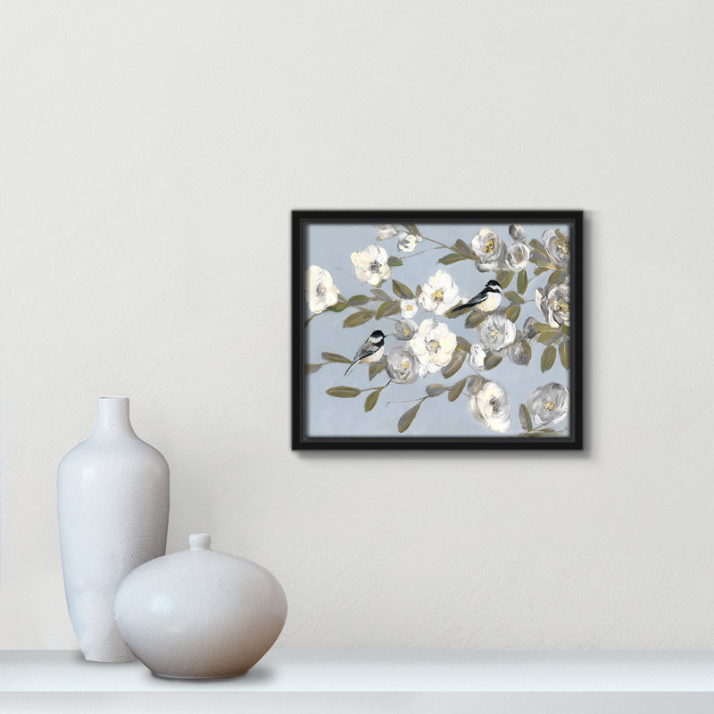 Chickadees And Blossoms I - Toile à cadre flottant, H 9,5 po x l 11,5 po x P 2 po, Cadre noir