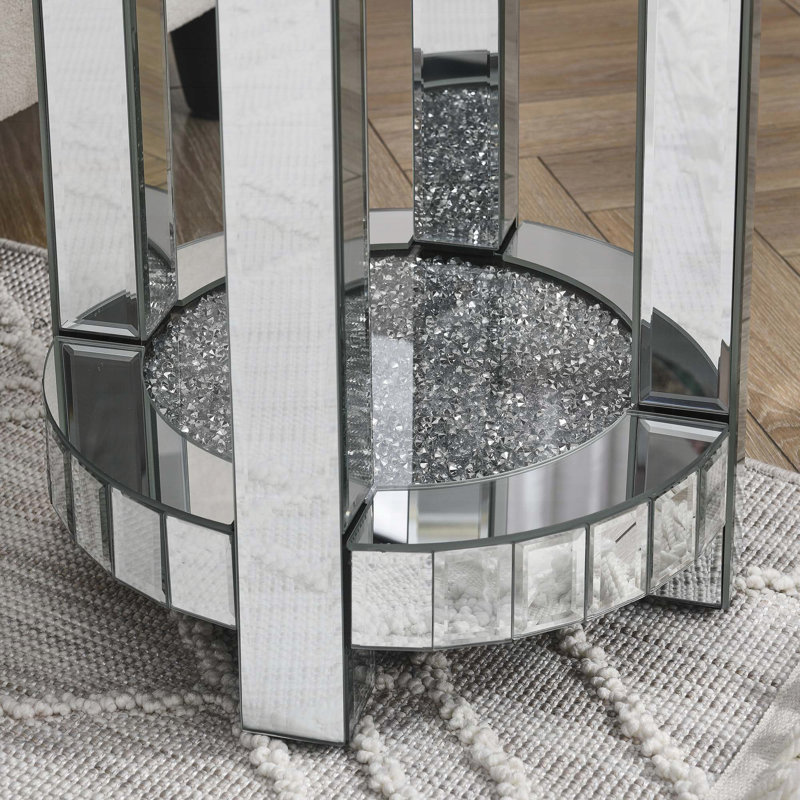 Round Mirror Side Table with Crystal Inlay and 2 Layers