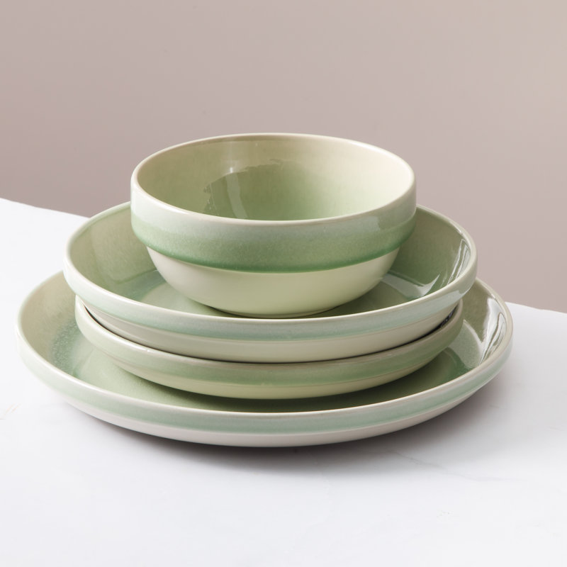 Green Ceramic 16-Piece Glossy Dinnerware Set