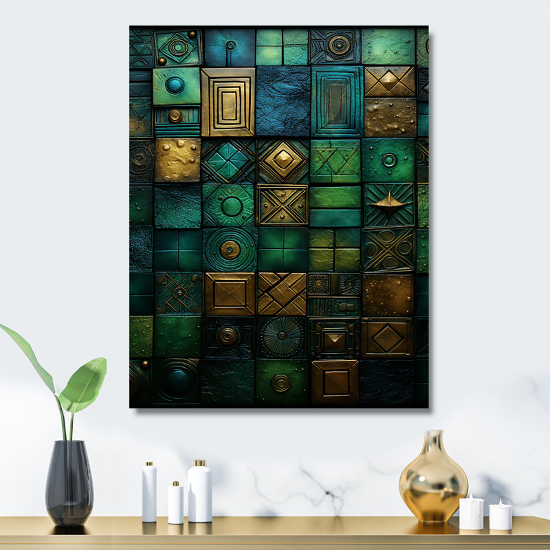 Carreaux de mosaïque vert Maya - tuile abstraite, art mural en métal, H 32 po x l 24 po x P 1 po