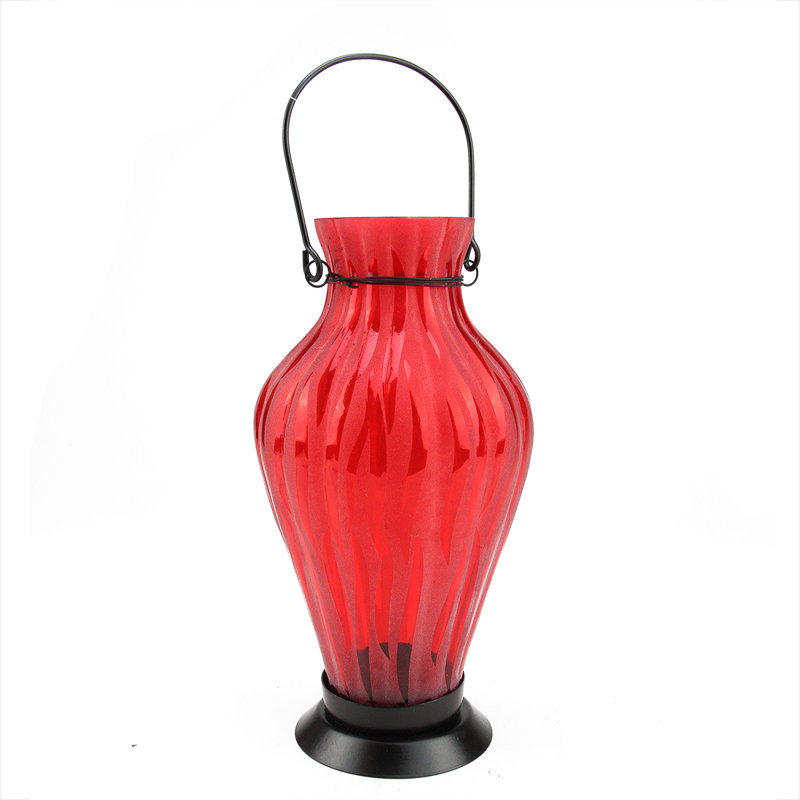 9.5" Frosted Ribbed Vase Glass Bottle Tea Light Candle Lantern Decoration, Red