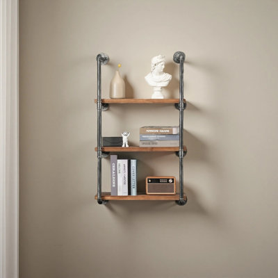 Industrial Pipe Shelving Bookshelf Rustic Modern Wood Ladder Storage Shelf 3 Tiers Retro Wall Mount Pipe Design DIY Shelving