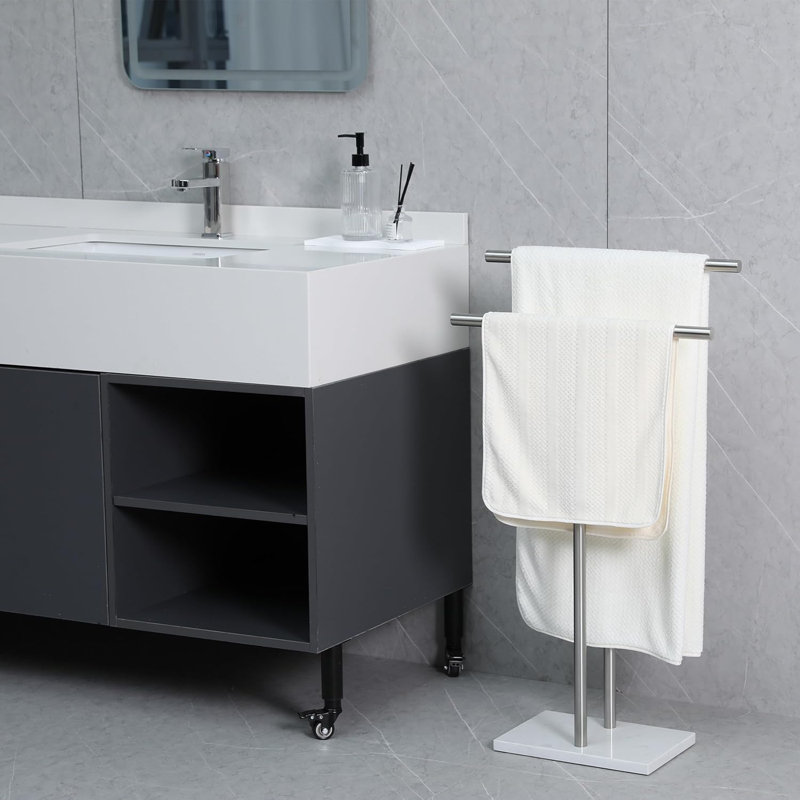 Porte-serviettes autoportant en forme de T à 2 niveaux en acier inoxydable SUS304 avec base en marbre épais