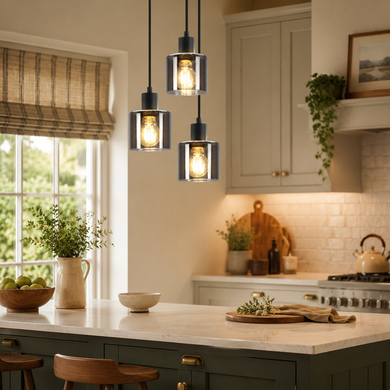 3-Light Smoked Grey Glass Kitchen Island Pendant