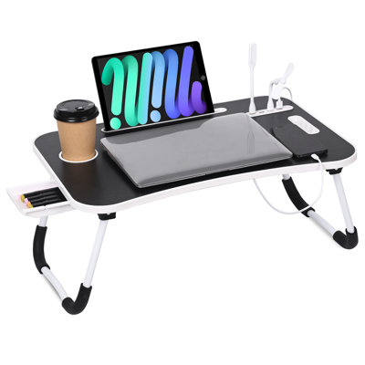 Portable Laptop Bed Table With Usb Ports, Cup Holder & Storage Drawer, Perfect Gift For Work & Leisure – Bonus Usb Lamp & Fan Included