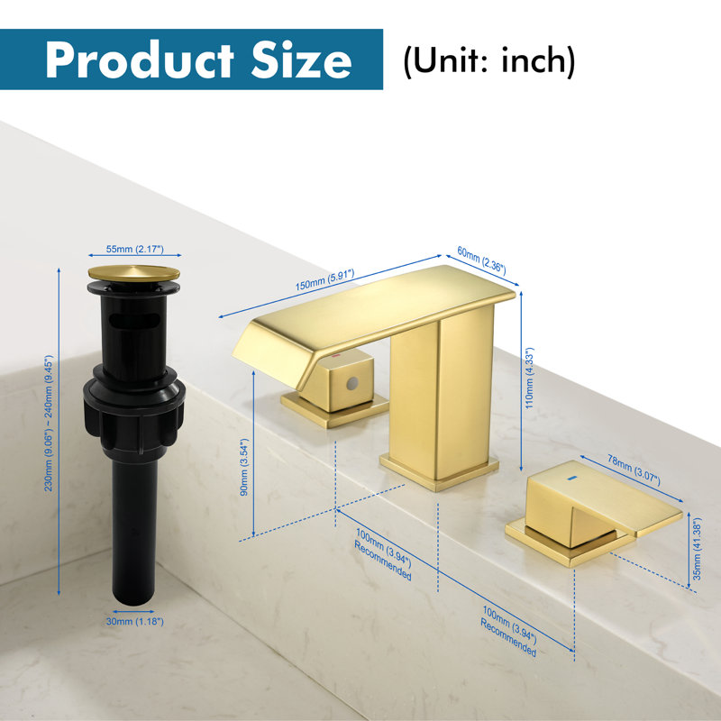 Widespread 2-handle Bathroom Faucet with Drain Assembly, Brushed Gold