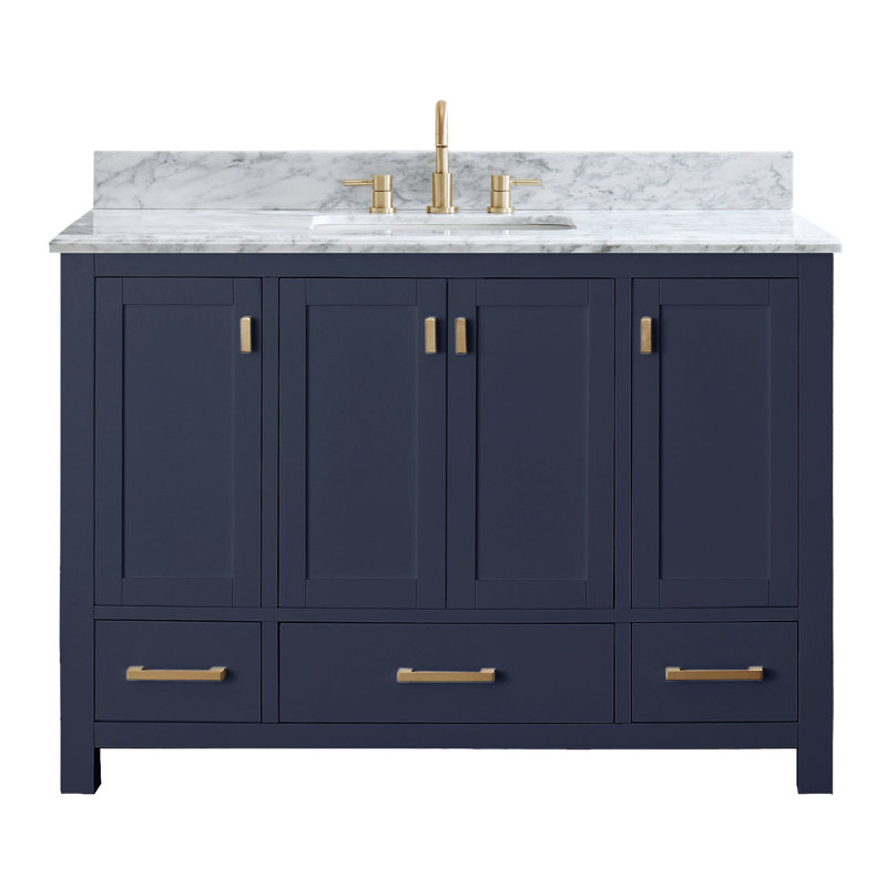 Modero 48" Single Bathroom Vanity with Top, Carrera White Marble, Gold, Navy Blue