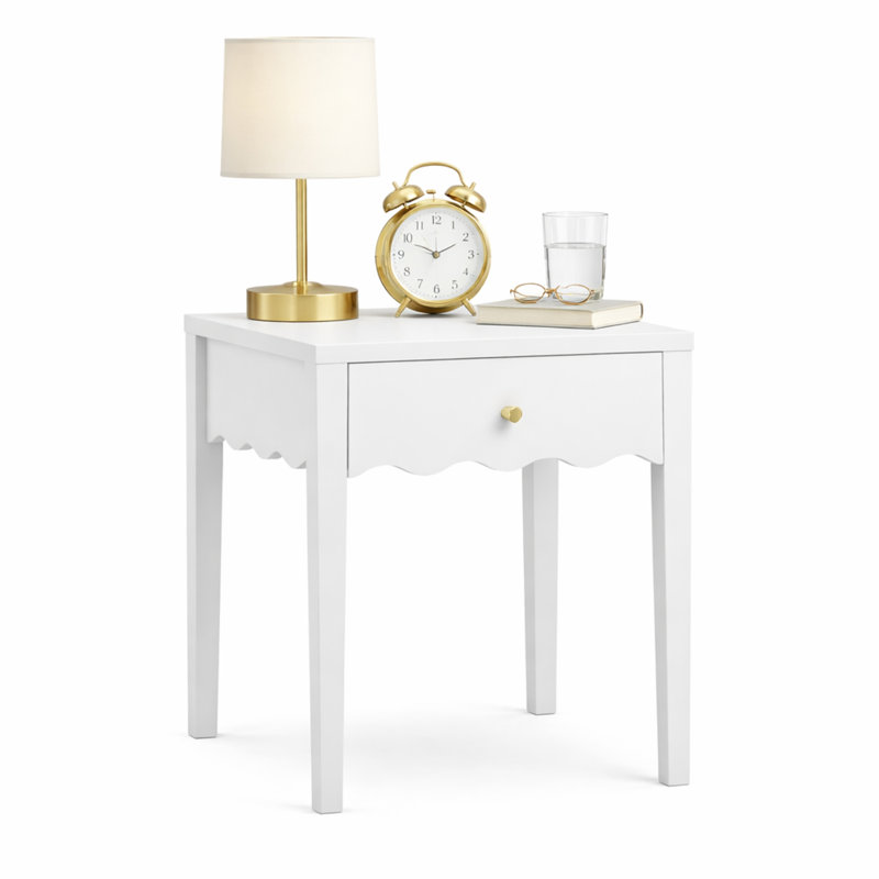 Table de chevet avec tiroir, table de chevet moderne avec tablier ondulé, table de bout compacte pour le salon de la chambre à coucher, petite table d'appoint avec rangement