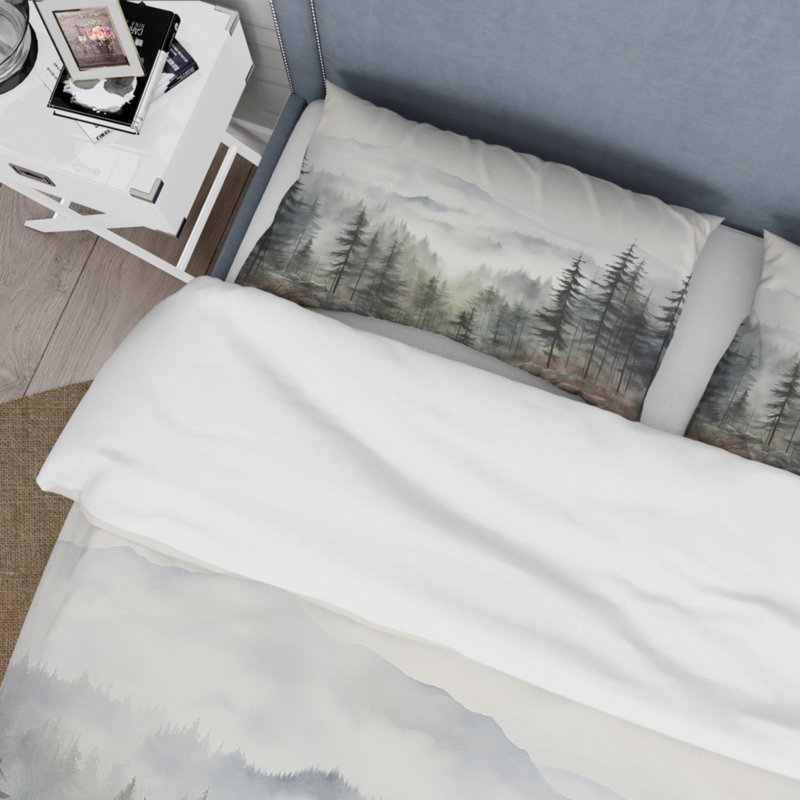 Pine Tree Misty Mountain II - Floral Duvet Cover Set, King Duvet Cover + 2 King Shams