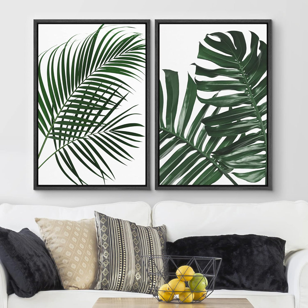 Green Tropical Monstera Palm Tree Leaves Minimalist Artwork Wall Art Frame 2 Pieces Canvas Print wall26 Frame 