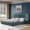 Très grand lit plateforme tapissier en chenille avec tête de lit et table de chevet plissés très grand, sans sommier tapissier - bleu-vert