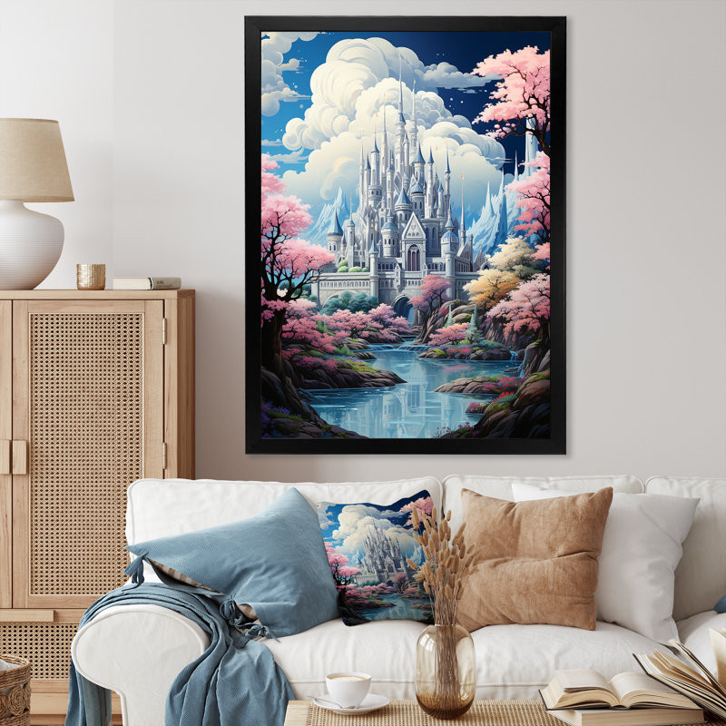 Fantasy Kawaii Castle Landscape I - Fantasy Canvas Wall Art, Cadre photo noir, H 32 po x l 16 po x P 1 po