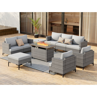 9-Piece Outdoor Patio Conversation Set With Cushions, Ottomans – All-Weather Wicker, Gray-No Table