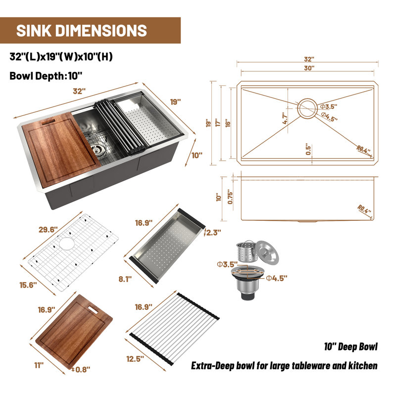 Single Bowl Stainless Steel Kitchen Sink, 10" H x 32" L x 19" W
