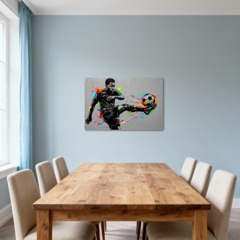 Joueur de soccer coloré en action avec ballon, H 24 po x l 36 po