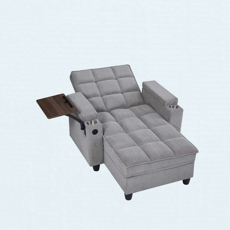 Chaise longue, canapé-lit avec dossier réglable à 6 positions, ports USB, porte-gobelet et table d'appoint pivotante