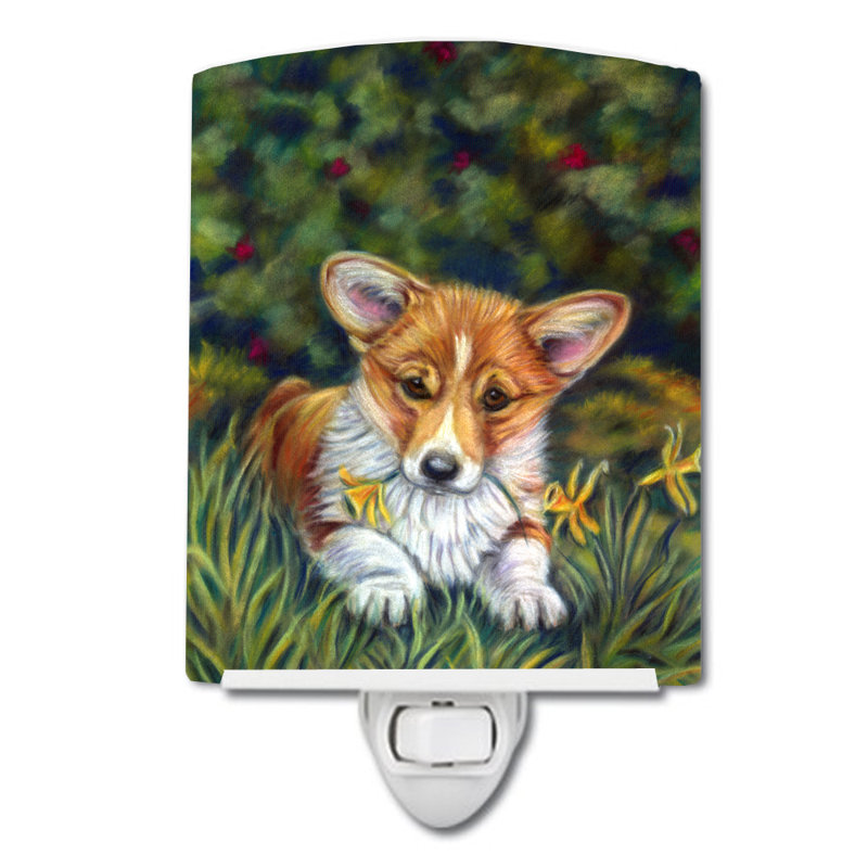 Éclairage de nuit en céramique corgi pup et daffodils