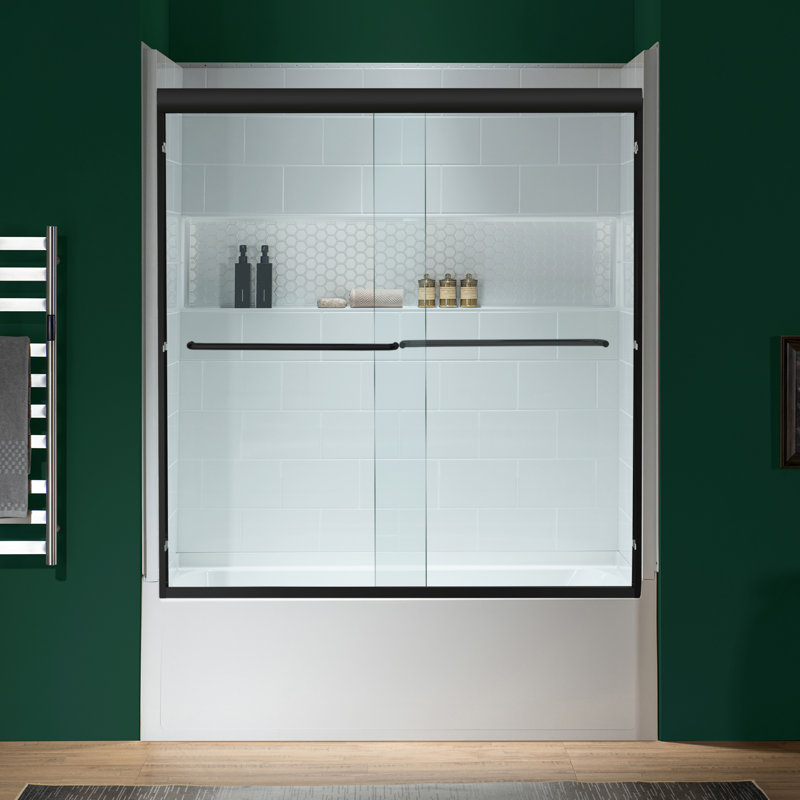 WOODBRIDGE 60" x 32" Alcove Soaking Bathtub and 4-Piece Direct-to-Stud Surround with Left Drain, including 56–60" Double Sliding Tub Door, Clear Tempered Glass in Matte Black Finish