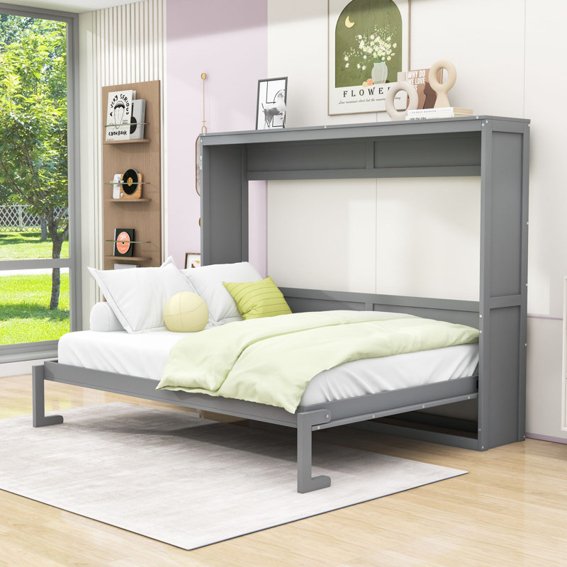 Armoire murale Murphy avec lattes et pieds, Grand lit, Gris