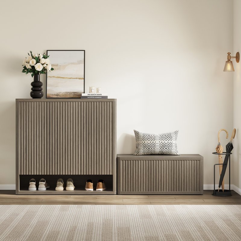 Cesiro 40.2"Modern Wood Bench, Multi-Functional With Hidden Storage, Gray Alder, Set of 2