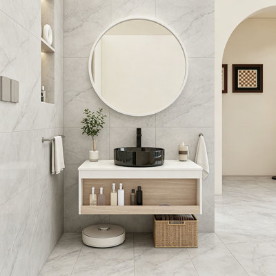 Meuble-lavabo vasque de salle de bain flottant en marbre 36 po, meuble-lavabo mural avec tablette ouverte, finition blanche avec décor en bois, conception moderne peu encombrante (livré dans 2 boîtes)