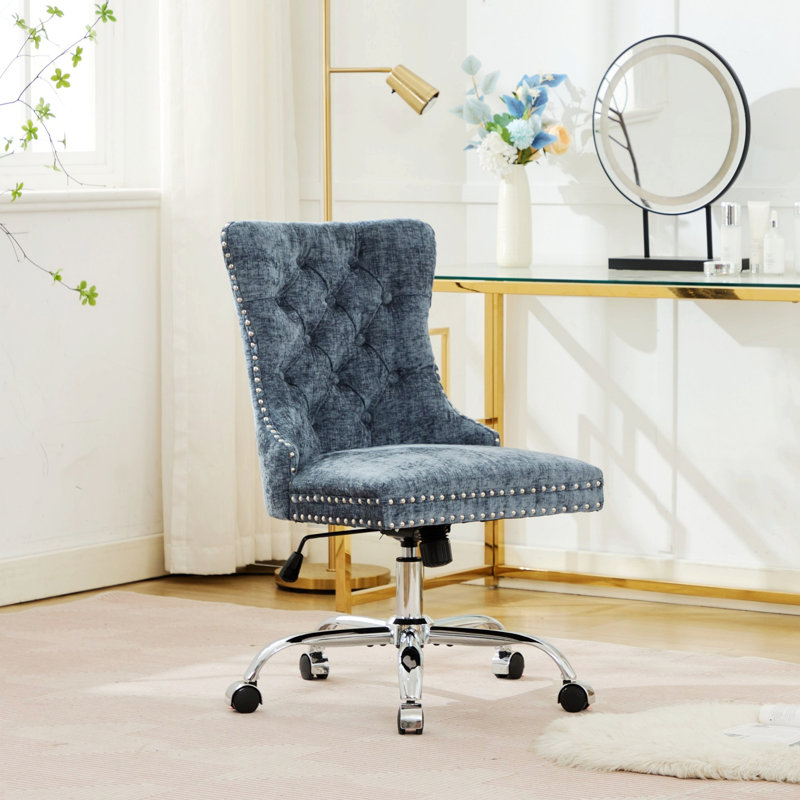 Chaise de bureau, chaise de bureau rembourrée capitonnée avec base en métal, Bleu clair, Bleu clair
