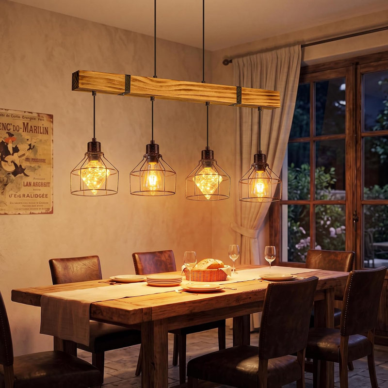 4-Light Vintage Burnt Wood Kitchen Island Pendant