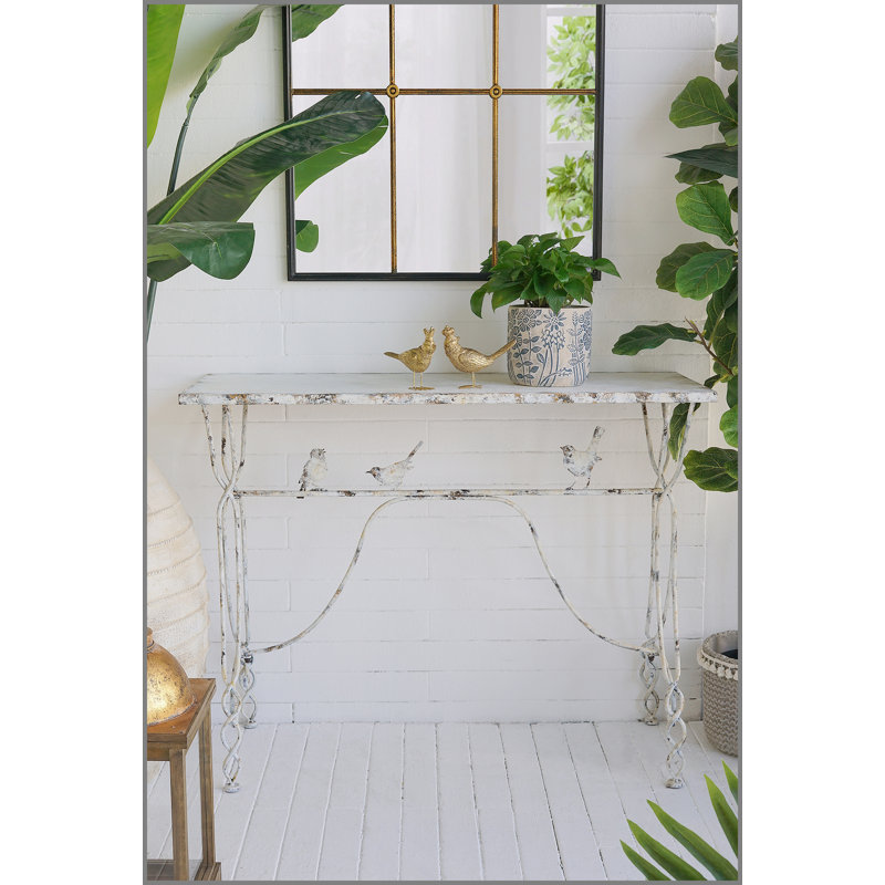 Console 43 po x 16,5 po x 34 po avec perchoir fantaisiste, construction en fer vieilli, table d'appoint avec pieds torsadés pour le vestibule ou le salon