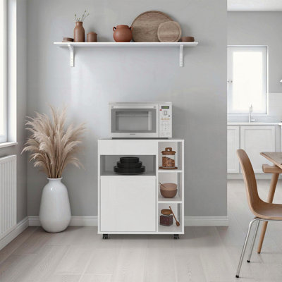 Support à micro-ondes blanc avec tablettes ouvertes et compartiment fermé