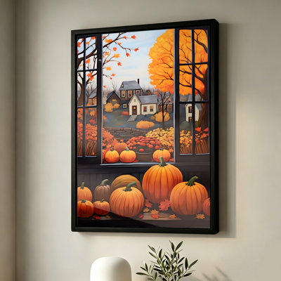 Citrouilles et feuilles d'Halloween dans une vue chaleureuse depuis une fenêtre, tableau sur toile encadré, cadre blanc, 50 x 75 cm