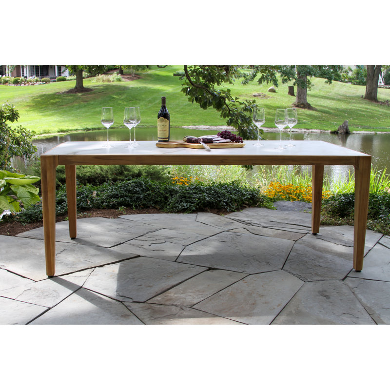 Cava 7 Pc. Teak Sintered Stone Dining Table With Rope Stacking Chairs, White/Gray