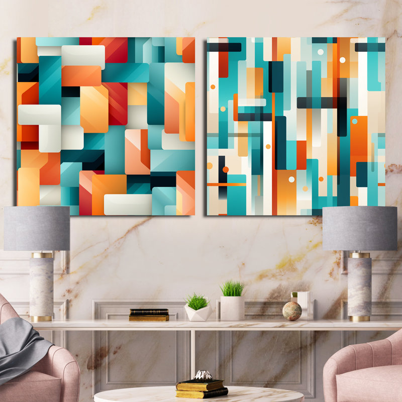 Orange et vert Popart Pop culture Pixels - formes abstraites carrées collage ensemble de 2, Toile tendue, H 16 po x l 33 po