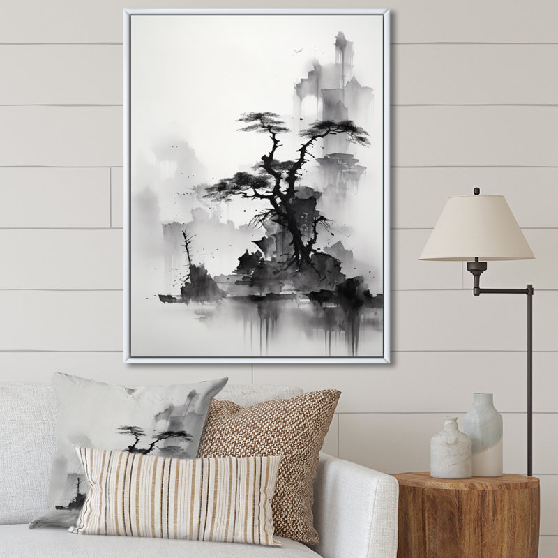 Asian Art Landscape Sumi - Art asiatique grand art mural, H 32 po x l 24 po x P 1 po, Cadre flottant blanc