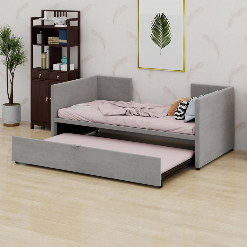 Velvet Upholstered Daybed With Pop-Up Trundle Bed, Plush Backrest, And Contoured Armrests, Gray