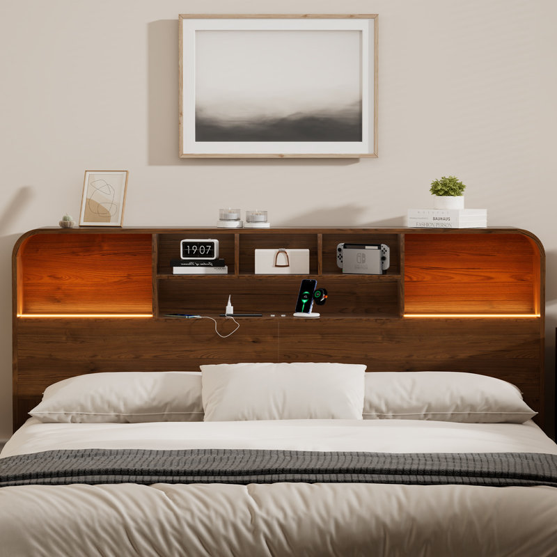 Curved-Edge Bookcase Headboard with Built-In Charging Station & Adjustable LED Lighting, King, Brown, King