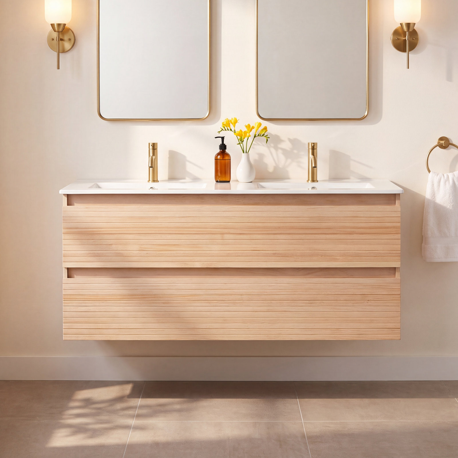 Kiah 48" Oak Double Bathroom Vanity, Light Oak